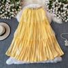 Sommer Herbst Neu Einfarbig Rüschen Patchwork Chiffon Fließender Rock für Damen Hoher Bund Vielseitiger Midi Rock für Damen