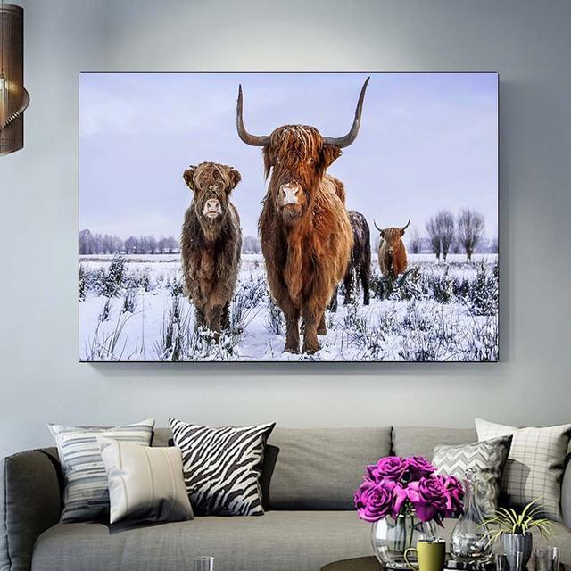 Hochlandkuh, wildes Tier, Leinwandgemälde, Schneevieh, Poster und Drucke, Wandbild für Cuadros, Wohnzimmer, Heimdekoration, ohne Rahmen