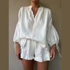 Women Casual Cotton Linen Ruffle Shorts Suits Long Sleeve Drawstring Linen Pullover 2 Ps Set Summer Ladies Beach Outfit Blouse