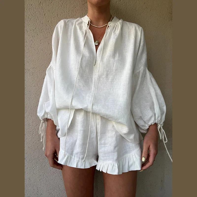 Women Casual Cotton Linen Ruffle Shorts Suits Long Sleeve Drawstring Linen Pullover 2 Ps Set Summer Ladies Beach Outfit Blouse