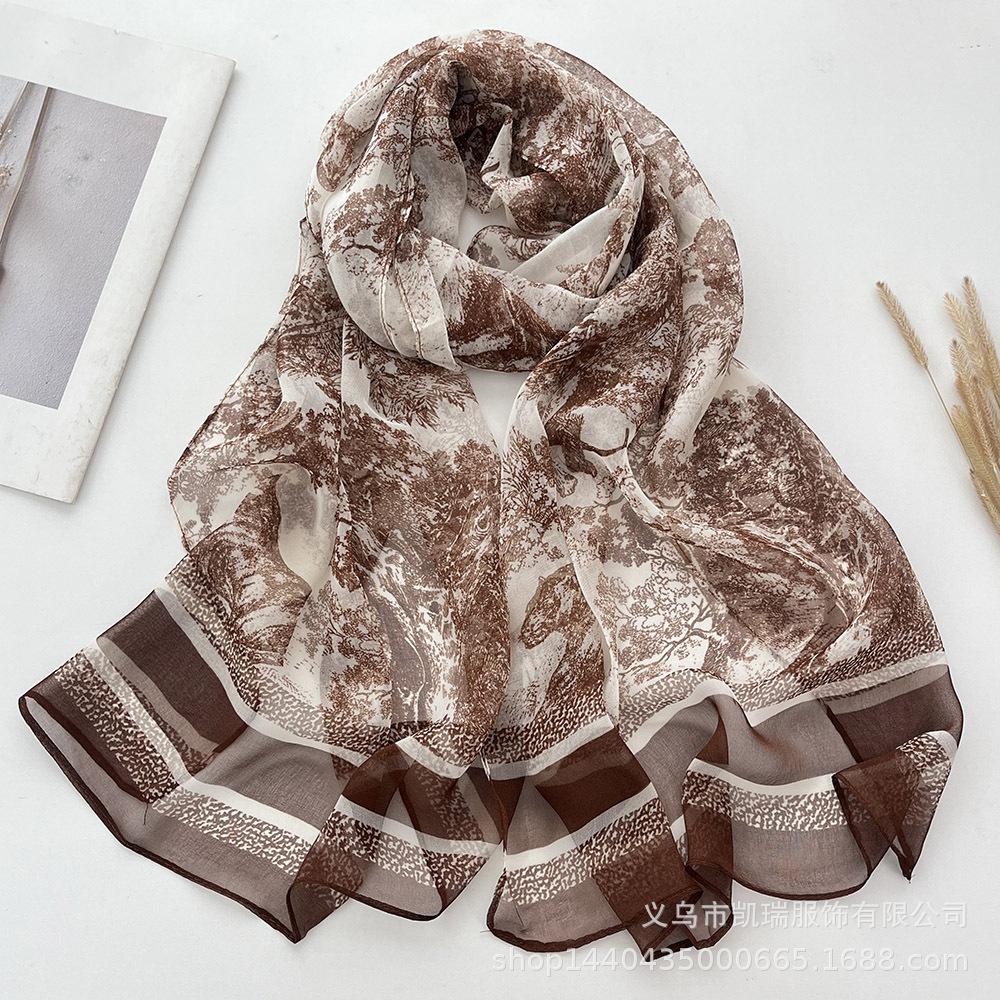 Neuer Sonnenschutz Langer Seidenschal Mohnblume Dünne Imitationsseide Frühling und Sommer Georgette Dekoration Damen Bedruckter Schal