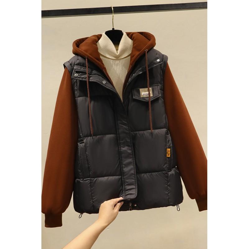 Womens Knit Spliced Fake Two-Piece Puffer Jacket Short Hooded Cotton Coat Winter 2025