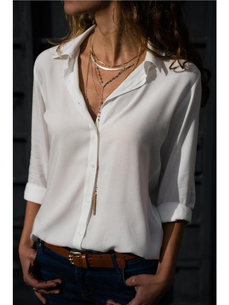 Women's Deep V Neck Long Sleeve Chiffon Shirt Solid Color Spring Summer Top