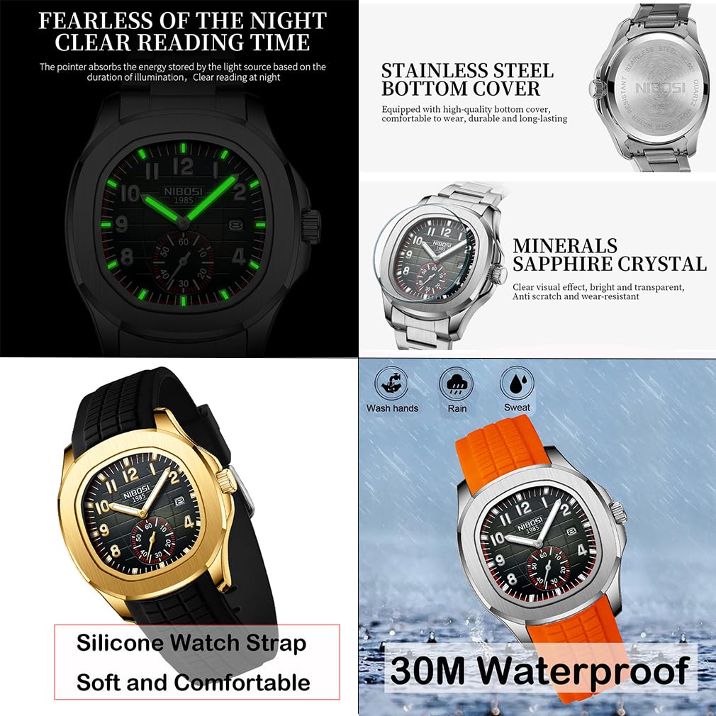 NIBOSI Watch Silicone Sports Waterproof Wristwatch Fashionable Casual Brand Analog Gentleman Male Watch Large Arabic Numerals Easy to Read Dial Date