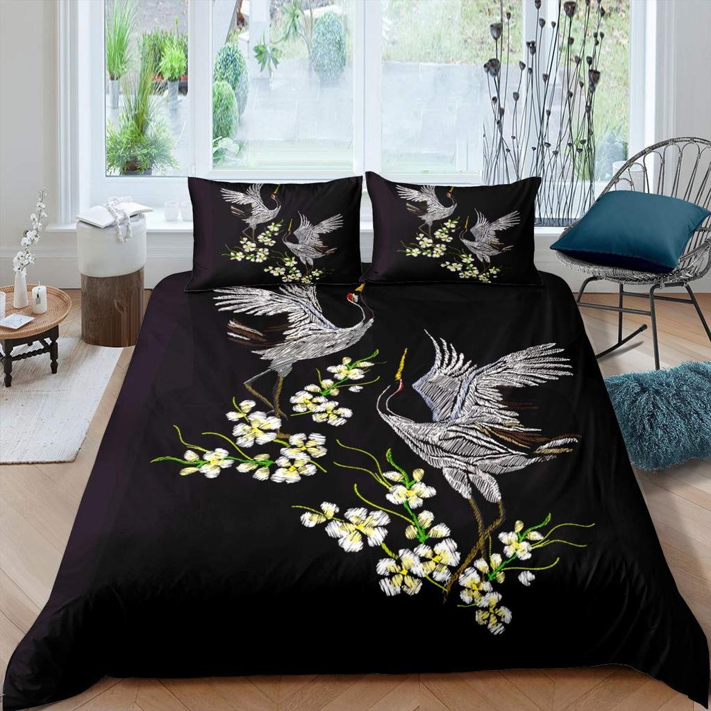 Comforter Crane Queen Size Japanese-Style Bedding Set Cherry Blossoms Pattern Women Girls Japanese Traditional