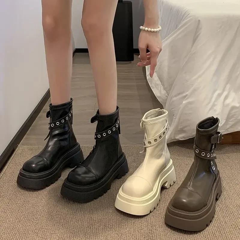 Studded Female Short Shoes Round Toe Booties Elegant With Medium Heels Women's Ankle Boots Comfortable Pu Designer Luxury New In