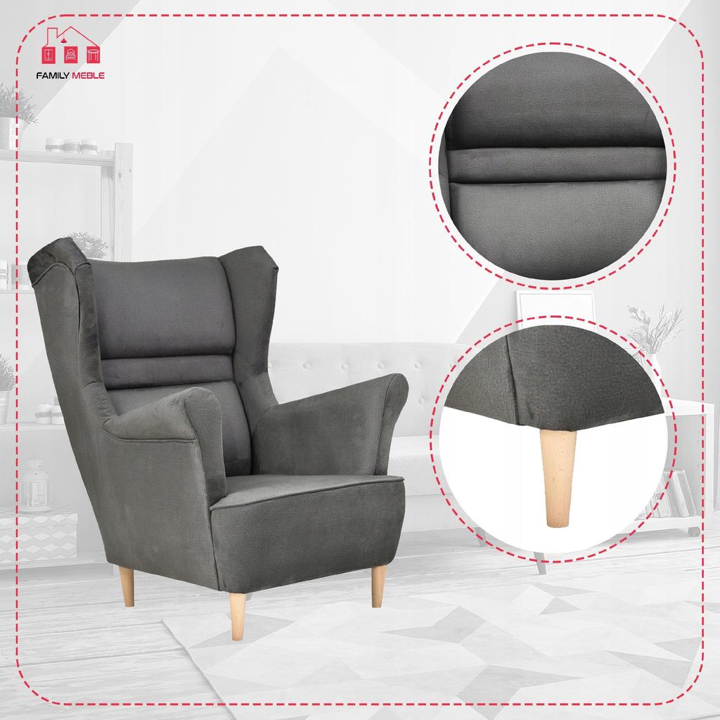 Zoja Scandinavian Wing Chair Family Meble Graphite Anthracite Dark