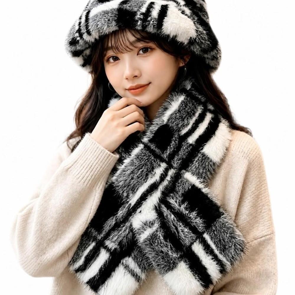 Faux Fur Winter Scarf Hat Plaid Fluffy Bucket Hat New Mink Wool Scarf Women