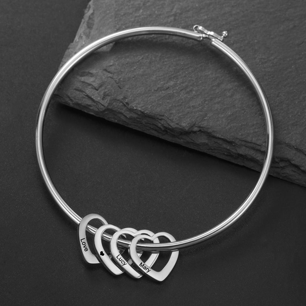 MyShape Custom Engraved Name Bracelets 1-5 Hearts Pendant Personalised Name Family Couple Promise Bangle Stainless Steel Jewelry