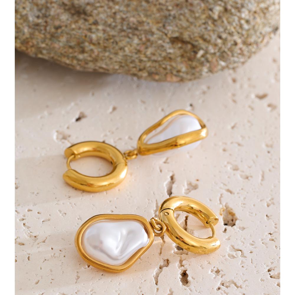 Yhpup New Arrivals Baroque Simulated Pearls Geometric Drop Hoop Earrings Stainless Steel Fashion Modern Jewelry Accessorics
