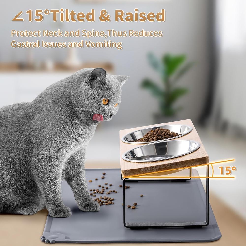 Elevated Cat Bowls with Food Mat 15° Tilted Stand Anti Vomiting Raised Cat Dishes with Silicone Pad for Food and Water for Cats