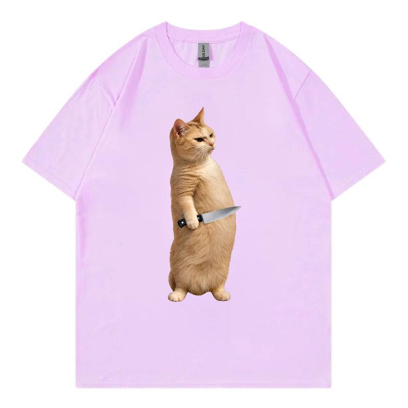 Funny Cat With Knife Meme Tshirt Unisex Unisex Clothing High Street Fashion Trend Tshirts Summer Casual Loose Short Sleeve T Shirt