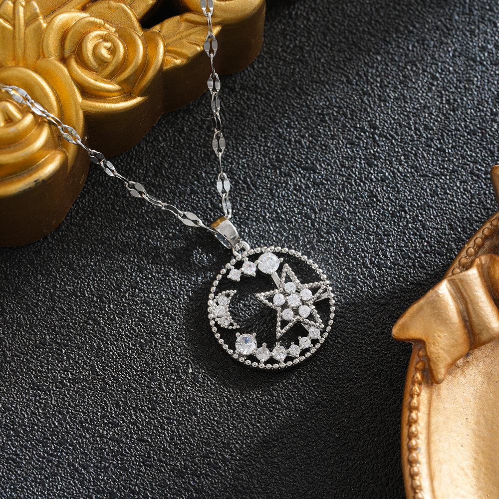 Douyin Influencer Zircon Star & Moon Necklace – Japanese Korean Style, Fashionable Design in Titanium Steel