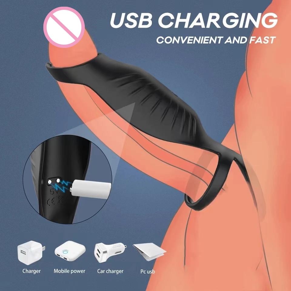 Inel cu manșon din silicon pentru penis, 9 moduri, telecomandă, vibrații, întârziere ejaculare, mărire penis, vibrator testicular, jucării sexuale pentru bărbați