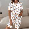 Women Plus Size White Halloween Printed Round Neck Short Sleeve Longline Top Fitted Shorts Two Piece Set