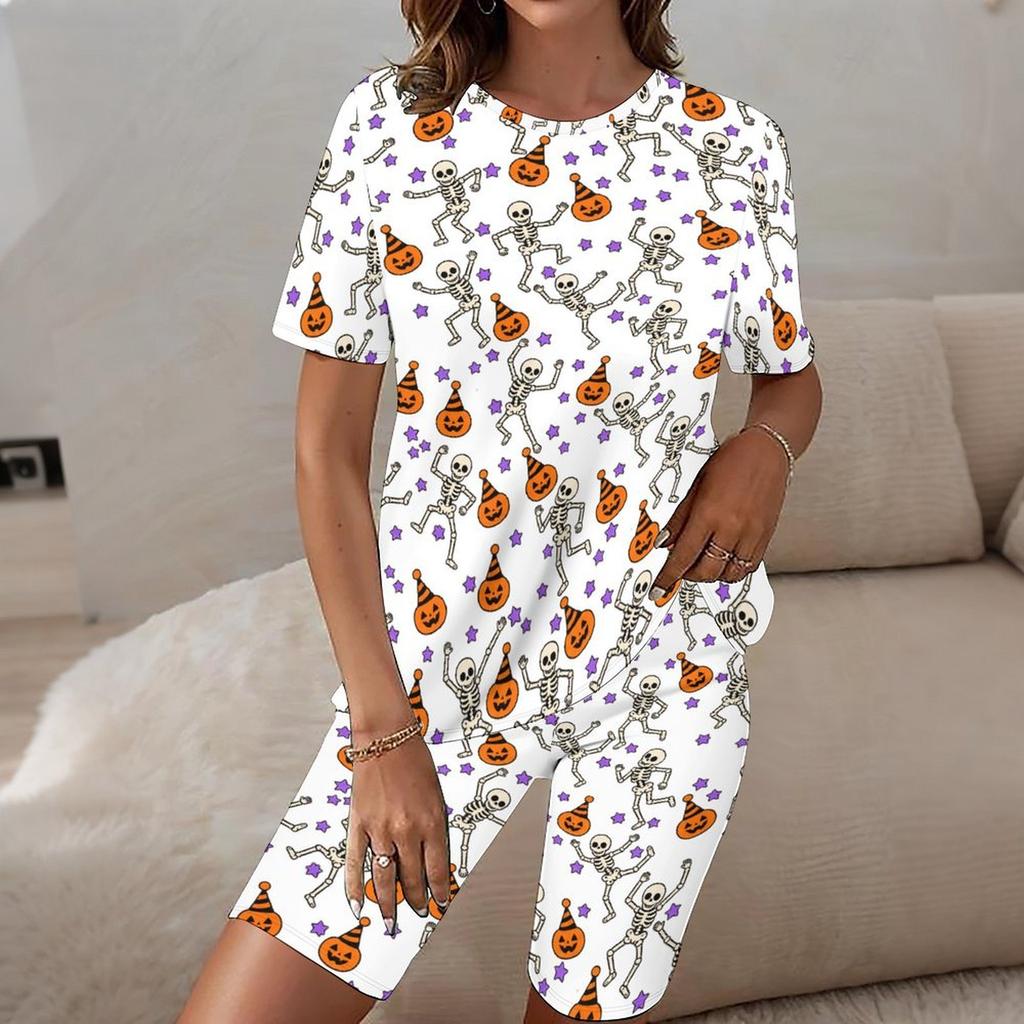Women Plus Size White Halloween Printed Round Neck Short Sleeve Longline Top Fitted Shorts Two Piece Set