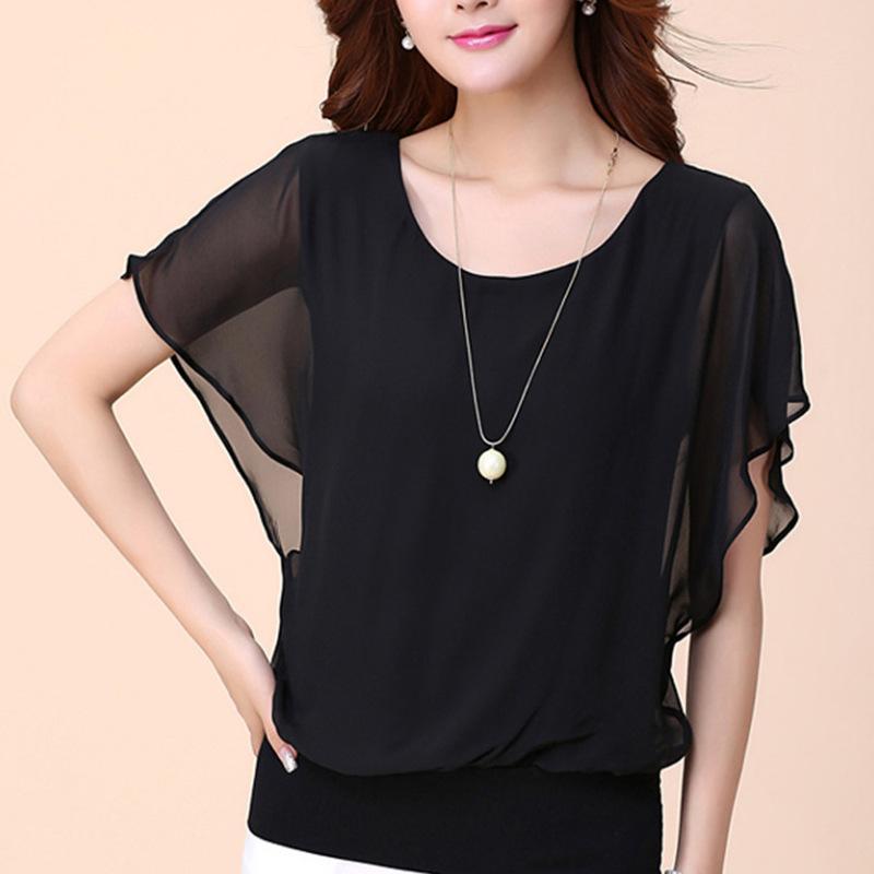 Módní dámské tričko s krátkým rukávem oversized dámské oblečení Šifonová košile s štíhlým netopýřím rukávem volný top