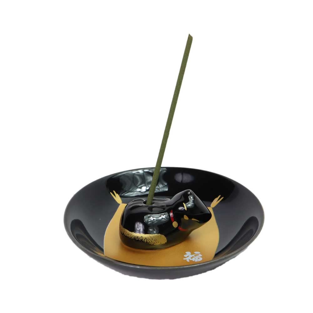 Kunjudo Räucherschale mit Ständer Katze "Glück" (Schwarz)"