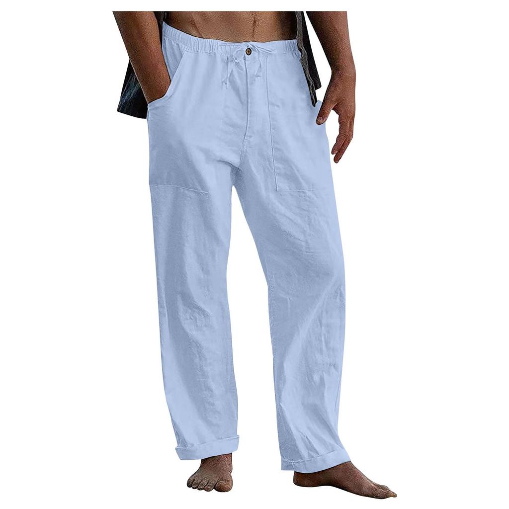 Herren-Leinenhose, locker, lässig, Sommer, Stretch-Taille, Kordelzug, lockere Hose