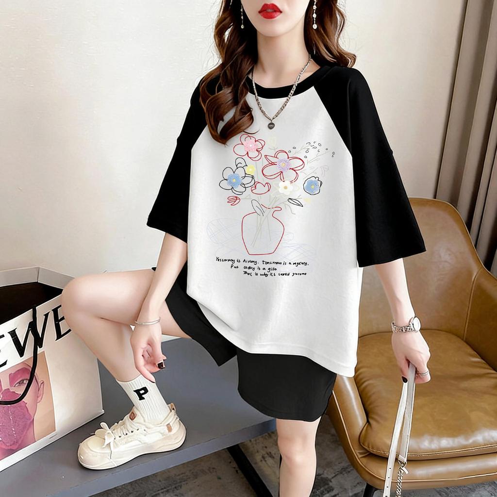 Women's Plus Size Pure Cotton Raglan Short Sleeve Summer Top - Belly Covering, Loose and Slimming Design