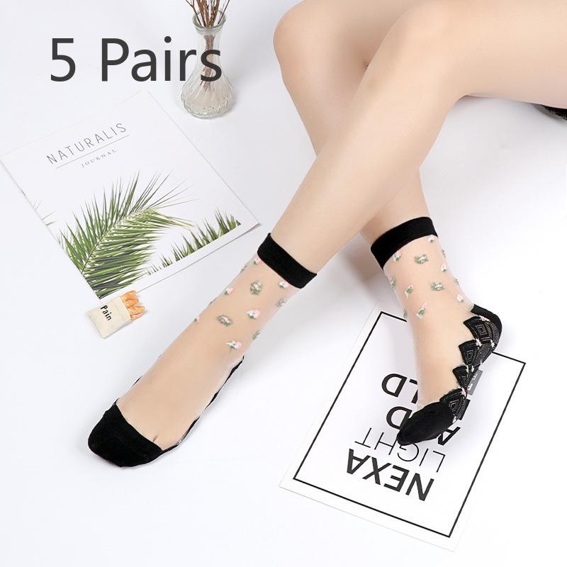5 Pairs of Women's Spring and Summer Plus Cotton Bottom Floral Mesh Non Slip Crystal Silk Mid Tube Socks