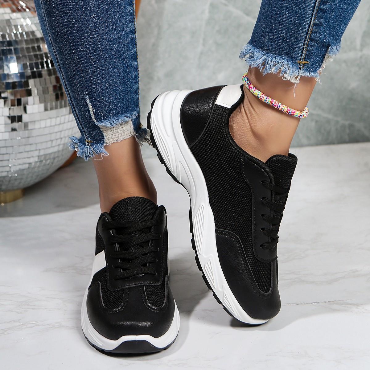 

Жіноче взуття суцільний колір моди платформа дихаюча вулканізація ходьба біг теніс мереживо до повсякденного взуття на танкетці сітка спортивне взуття 35 чорний