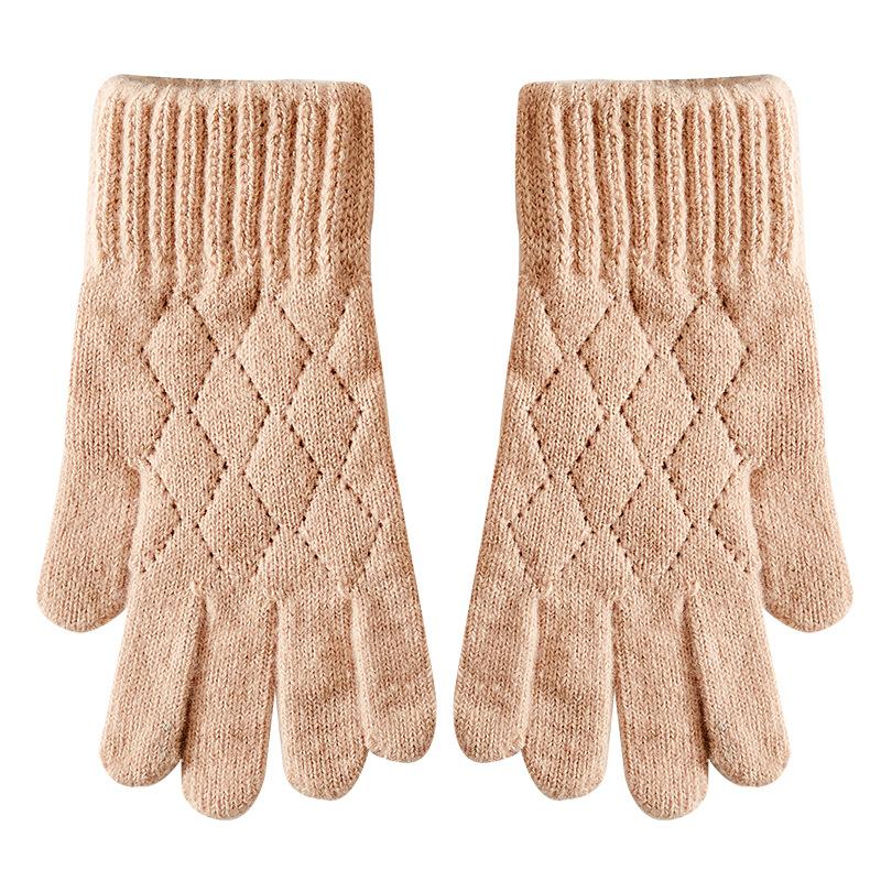 New Women's Solid Color Knitted Rhombus Jacquard Warm Gloves Stylish Touch Screen Riding Cold Proof Full Finger