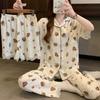 Sweet Cartoon Bear Short-Sleeved Cloud Cotton Pajamas Women'S Summer Gentle Lace Loungewear Three-Piece Set