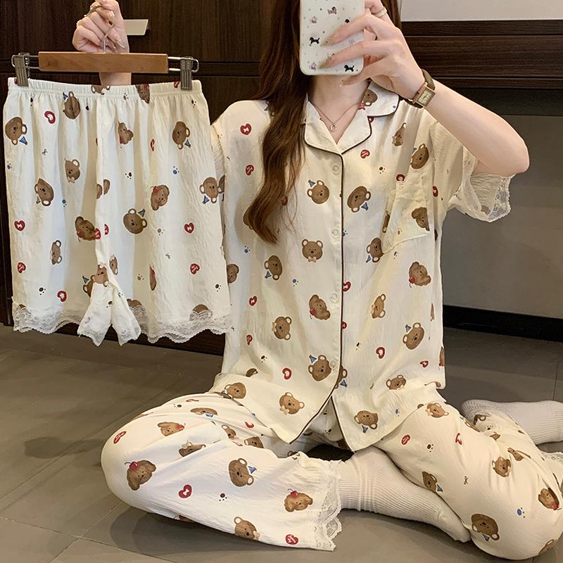 Sweet Cartoon Bear Short-Sleeved Cloud Cotton Pajamas Women'S Summer Gentle Lace Loungewear Three-Piece Set
