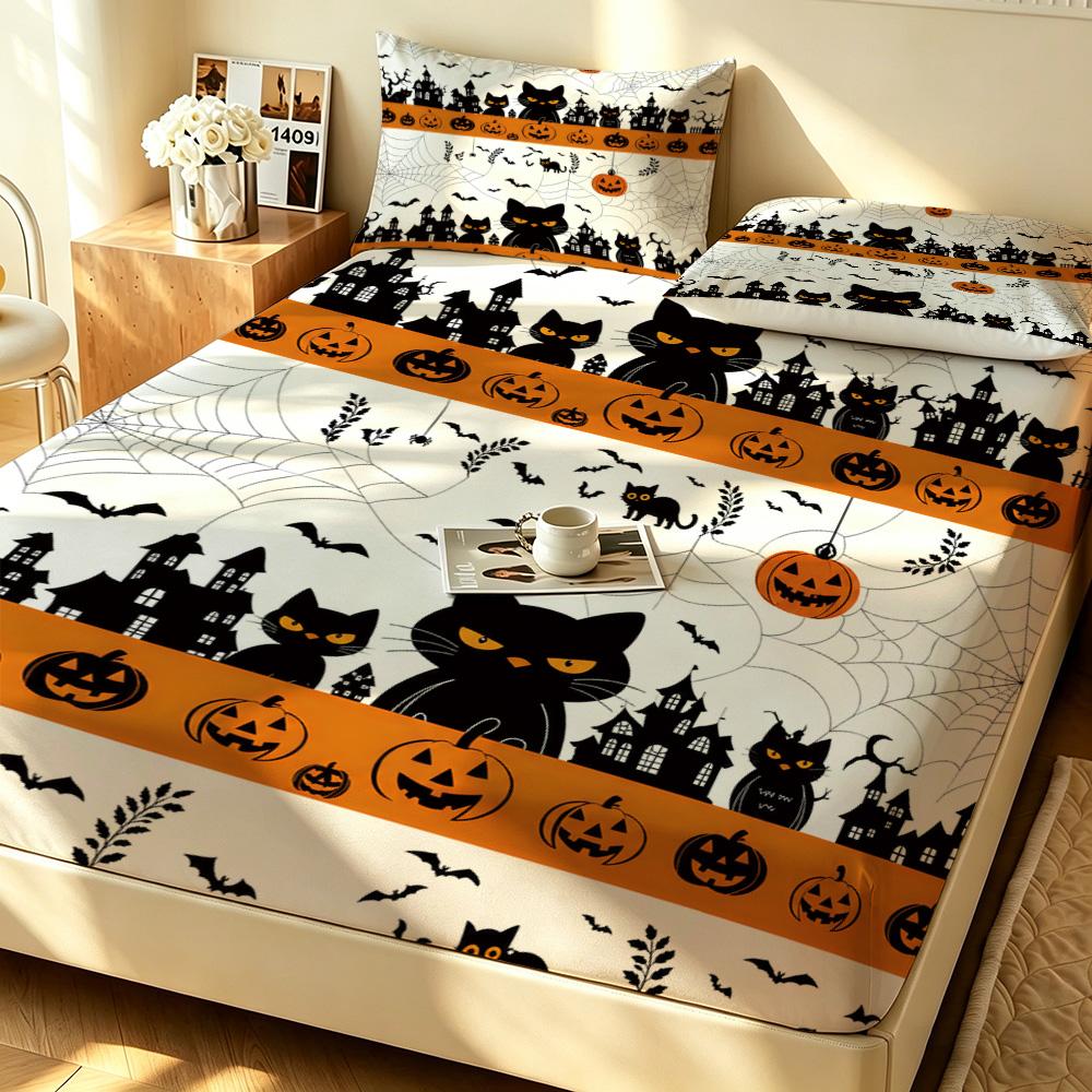 Halloween Spider Web Black Cat Pumpkin Fitted Sheet 3PCS Set Spooky Bedding Set 1 Fitted Sheet + 2 Pillowcases