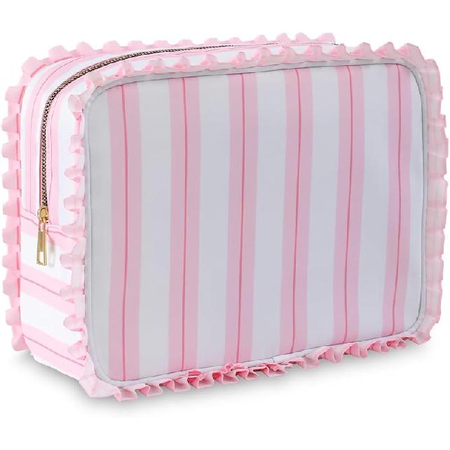 Stripe Ruffle Makeup Bag,Large Travel Cute Cosmetic Bag for Women Girls,Toiletry Bag Make Up Organizer 10.8 X 4.5 X 8 Inch (Blue Stripe)