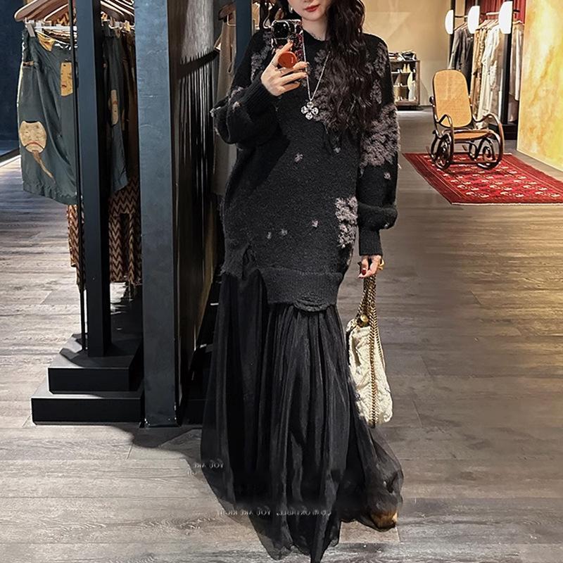 

Женская мода атмосфера свитер, газовая юбка плиссированное платье L чёрный