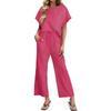 Women's Casual Two Piece Set Striped Top and Pants Loose Fit Short Sleeve Pullover with Elastic Waistband Wide Leg Trousers