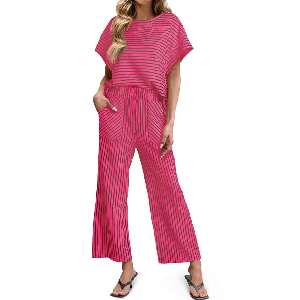Women's Casual Two Piece Set Striped Top and Pants Loose Fit Short Sleeve Pullover with Elastic Waistband Wide Leg Trousers