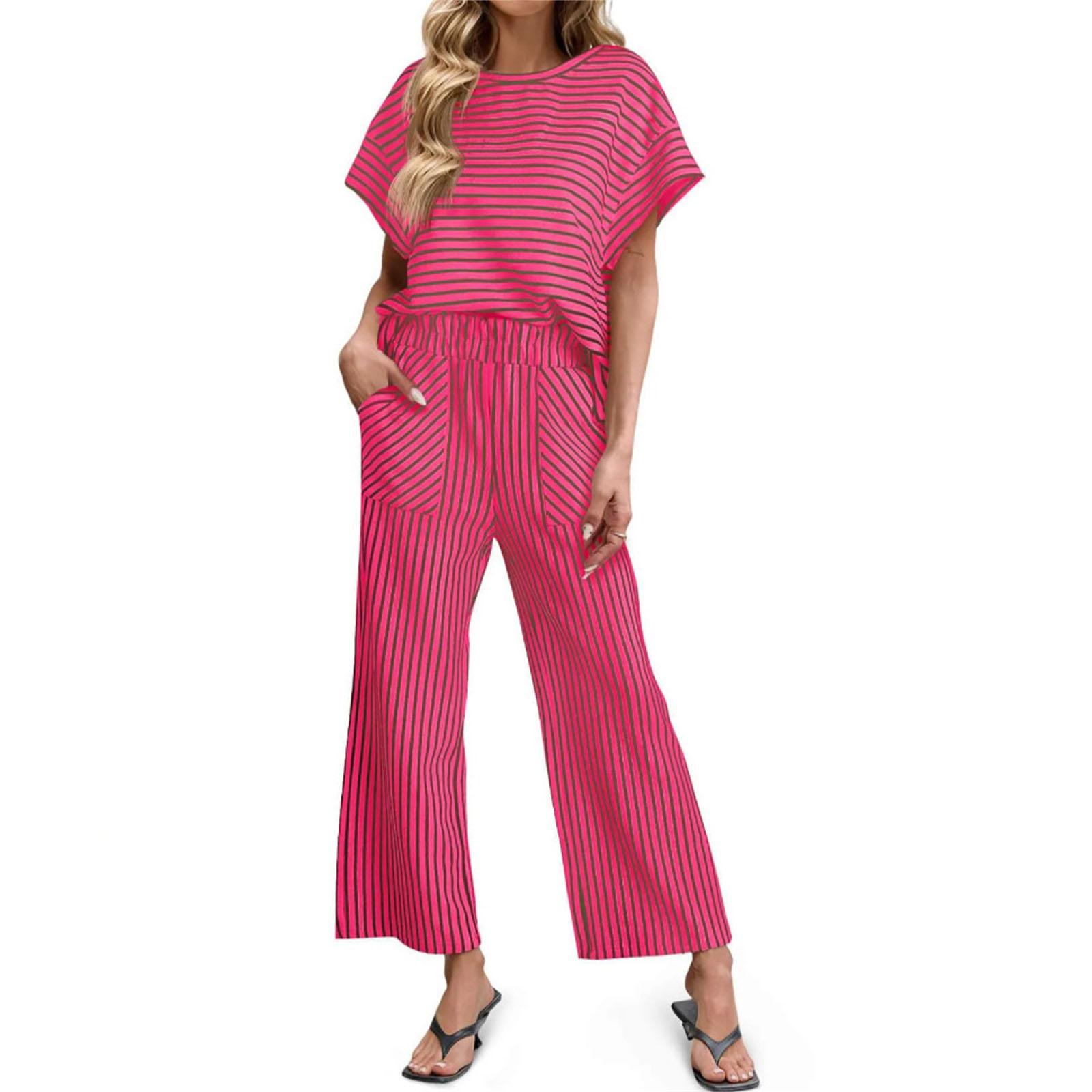 

Women s Fashionable Casual Striped Top And Pants Two-Piece Set S