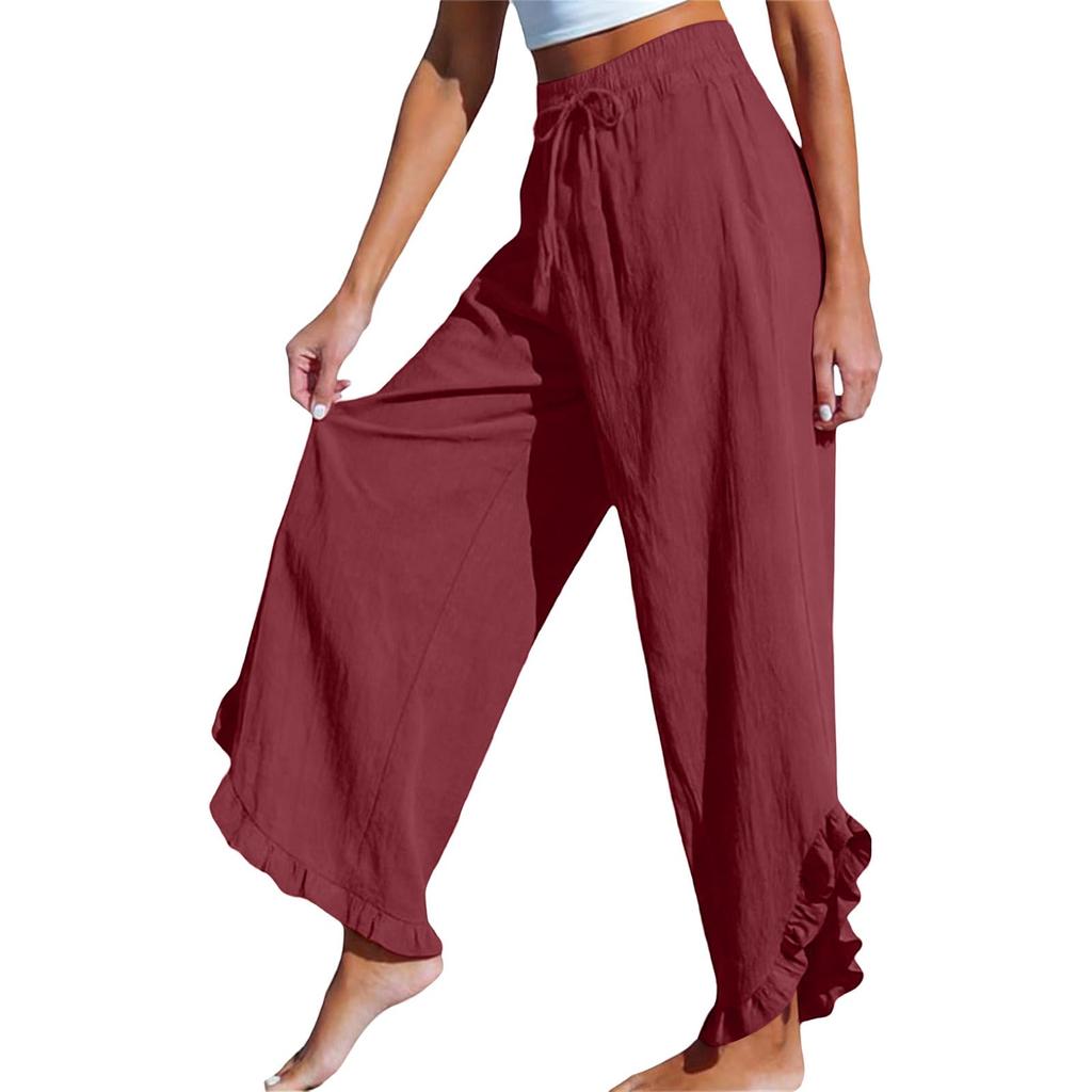 Linen Casual Wide Leg Pants For Women Elastic Waist Versatile Business Casual Work Palazzo Trousers With Pockets
