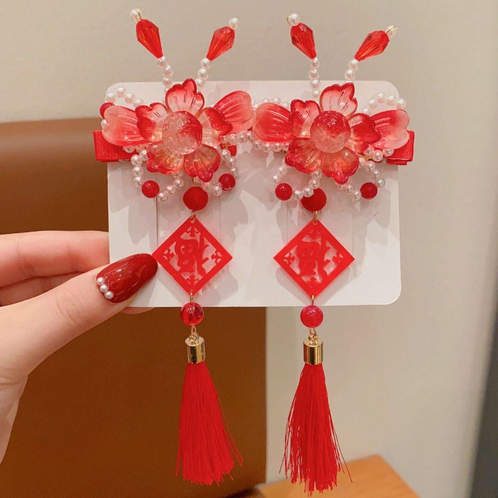Детская красная заколка с цветком и кисточкой, заколка Hanfu, сладкий ...