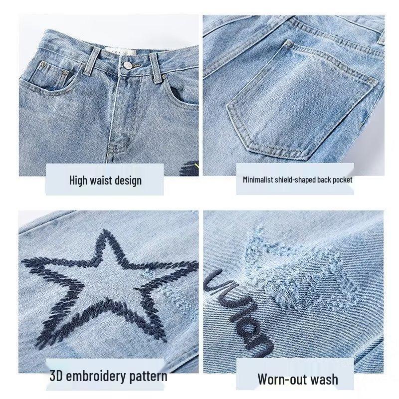 Embroidered High-Waist Straight-Leg Jeans for Women - Spring/Autumn Trendy Floor-Length Pants