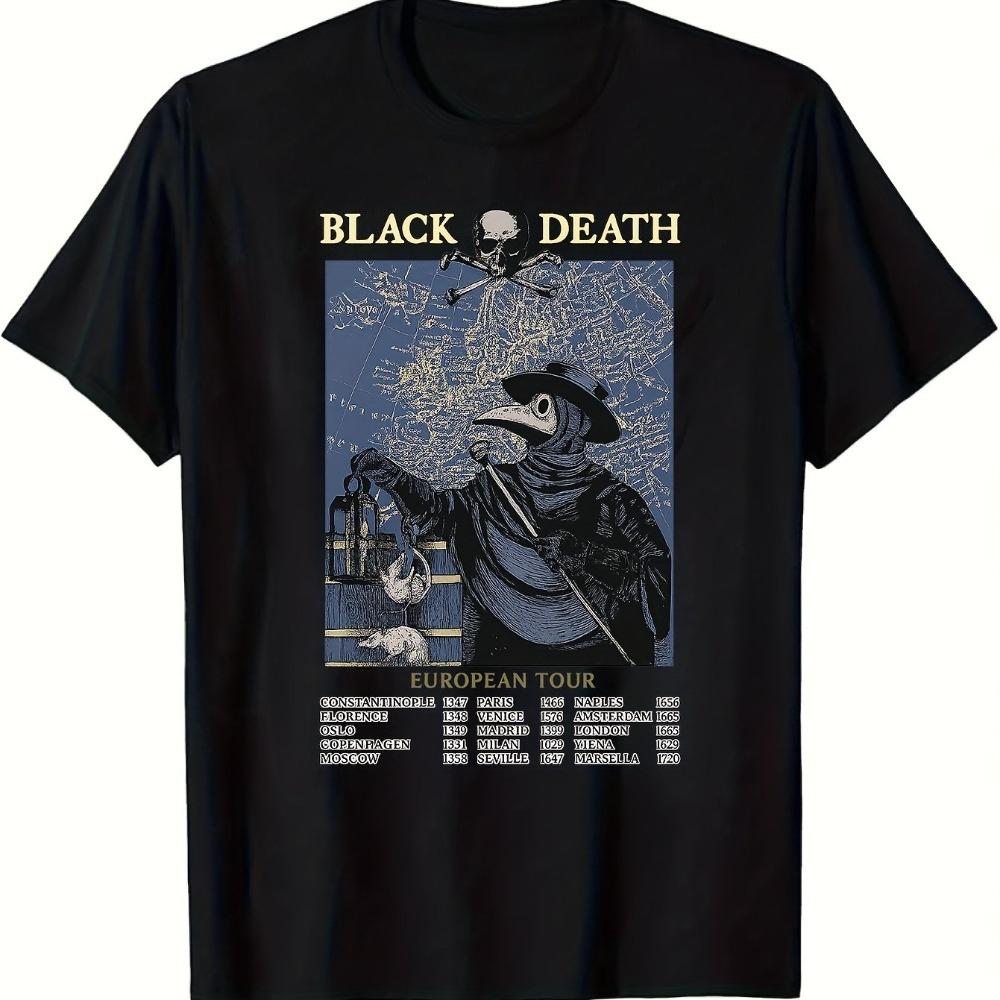 MenS Plague Doctor Black Death European Tour Graphic TShirt Short Sleeve Vintage Historical Design Skull Continent Dates XL
