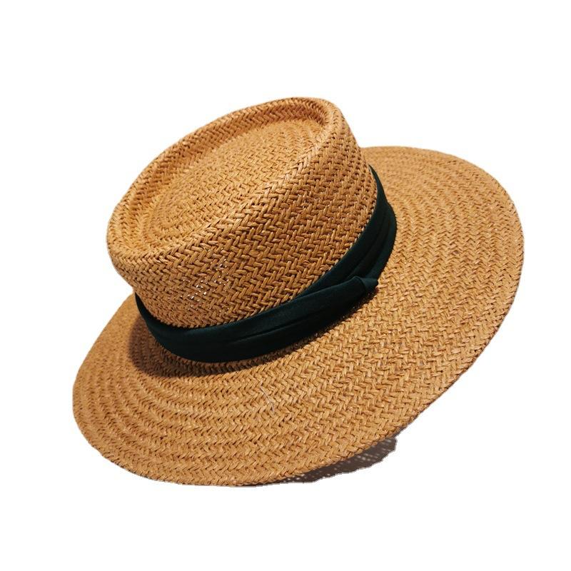 French Flat Top Hat Women's Summer Straw Hat Holiday Lafite Woven Beach Hat Internet celebrity Sunscreen Shade British Top Hat