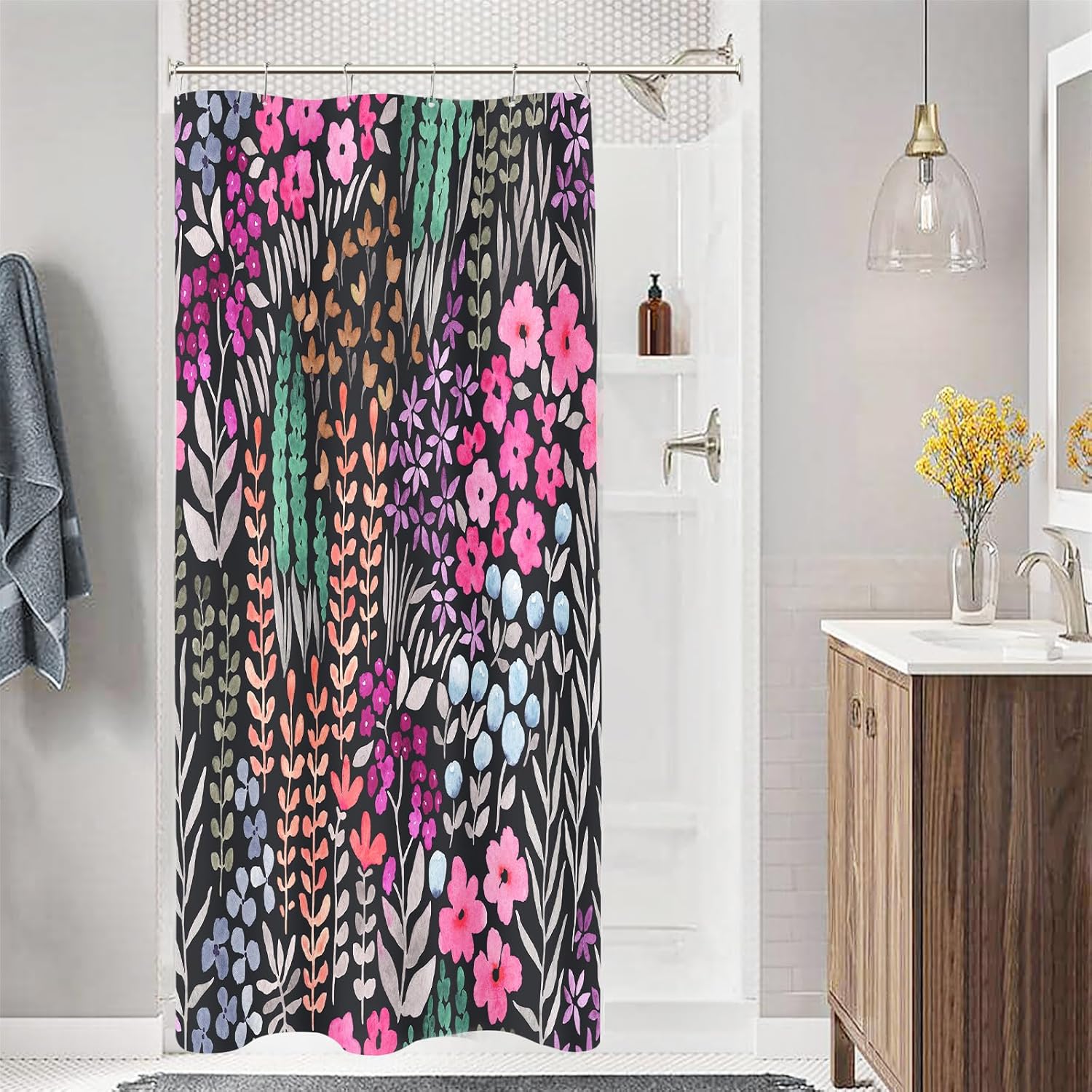 

Cute Spring Summer Floral Shower Curtain,Flower Fabric Shower Curtains, Boho Funky Watercolor Wildflower Trendy Shower Curtain 90x180CM