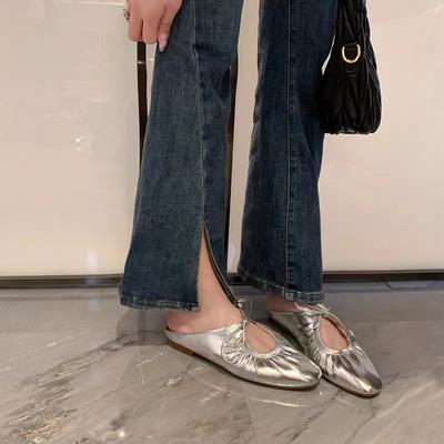 Retro Pleated Flat Shoes Spring and Summer New Bag Head Slippers Lace Up Light Mouth Soft Sole Outside Wearing Silver Slippers