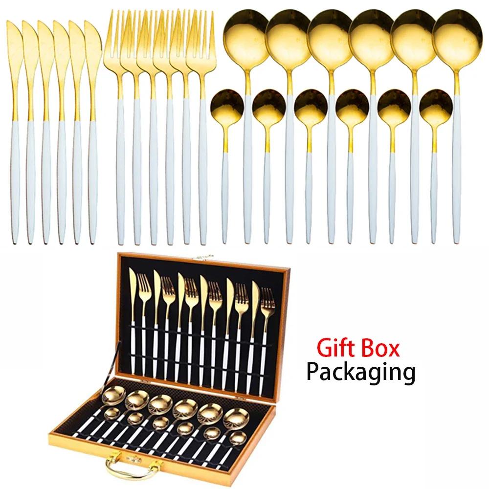 Tableware Set Gift Box Fabulous Cutlery Knife Fork Dessert Spoon Coffee Spoon 24PCS Gold Flatware Dinnerware Sets
