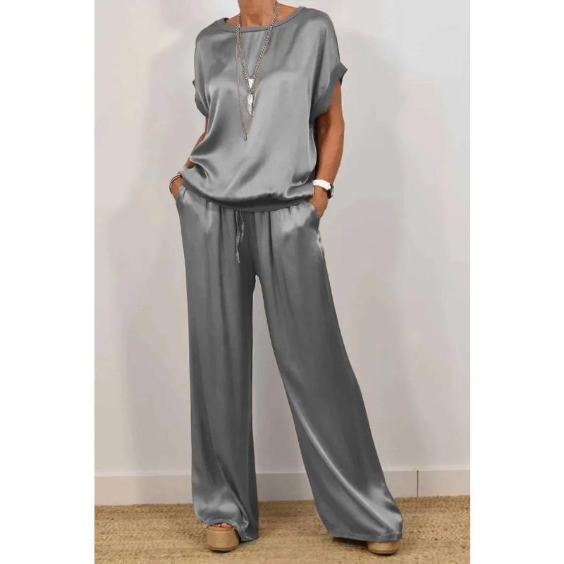 JKASHDK Moda dame ocazional vară primăvară culoare uni imprimeu mâneci scurte cu gâtul O pantaloni pantaloni costume