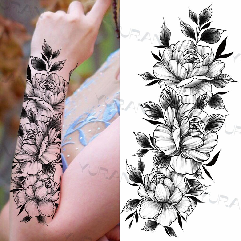 Zwarte Grote Slang Bloem Fake Tattoo Sticker Voor Vrouwen Dot Rose Pioen Tijdelijke Tattoos DIY Water Transfer Tatoos Meisjes