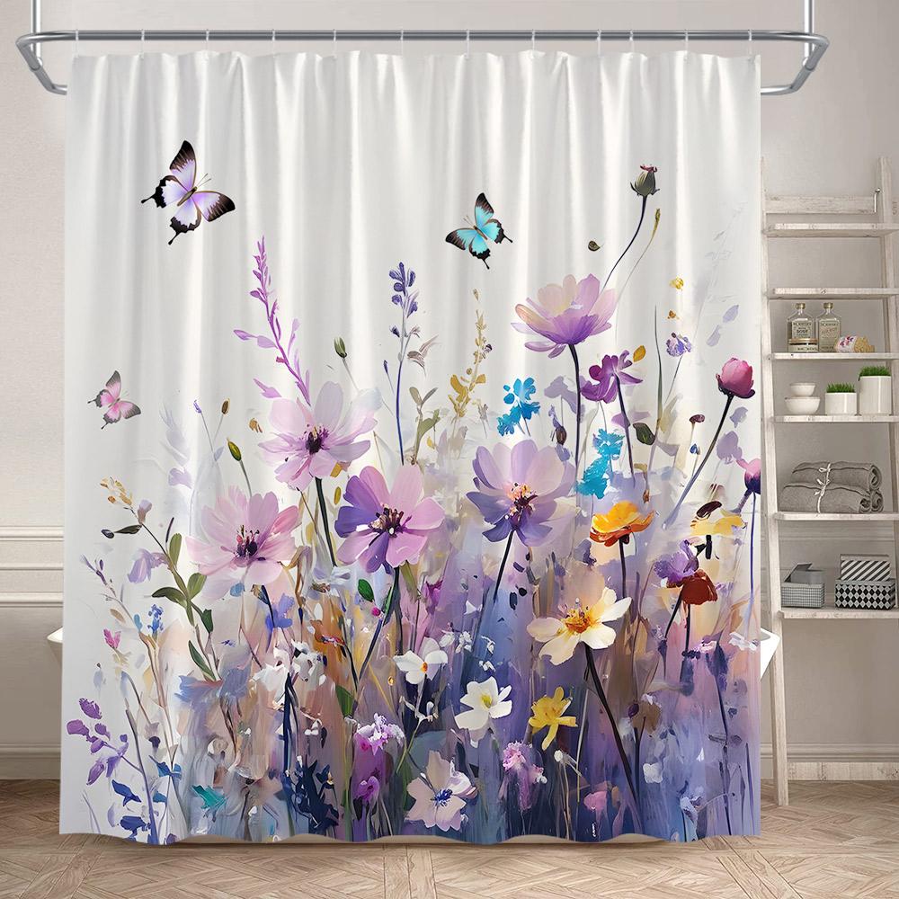 Floral Shower Curtains Watercolour Flowers Butterfly Plant Modern Minimalist Bathroom Curtain Polyester Fabric Home Decoration