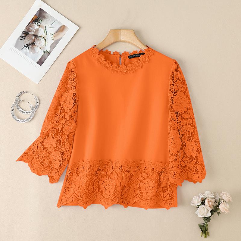 ZANZEA Women Casual Lace Crochet Splice 3/4 Sleeve Loose Blouse