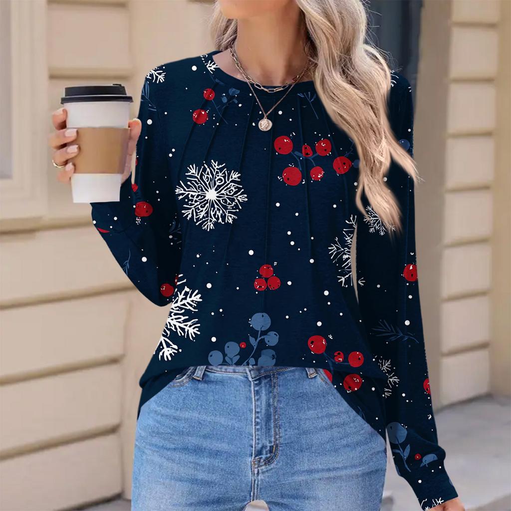 Women's Fashionable Casual Christmas Printed Pleated Comfortable Round Neck Loose Long Sleeve T-Shirt Top