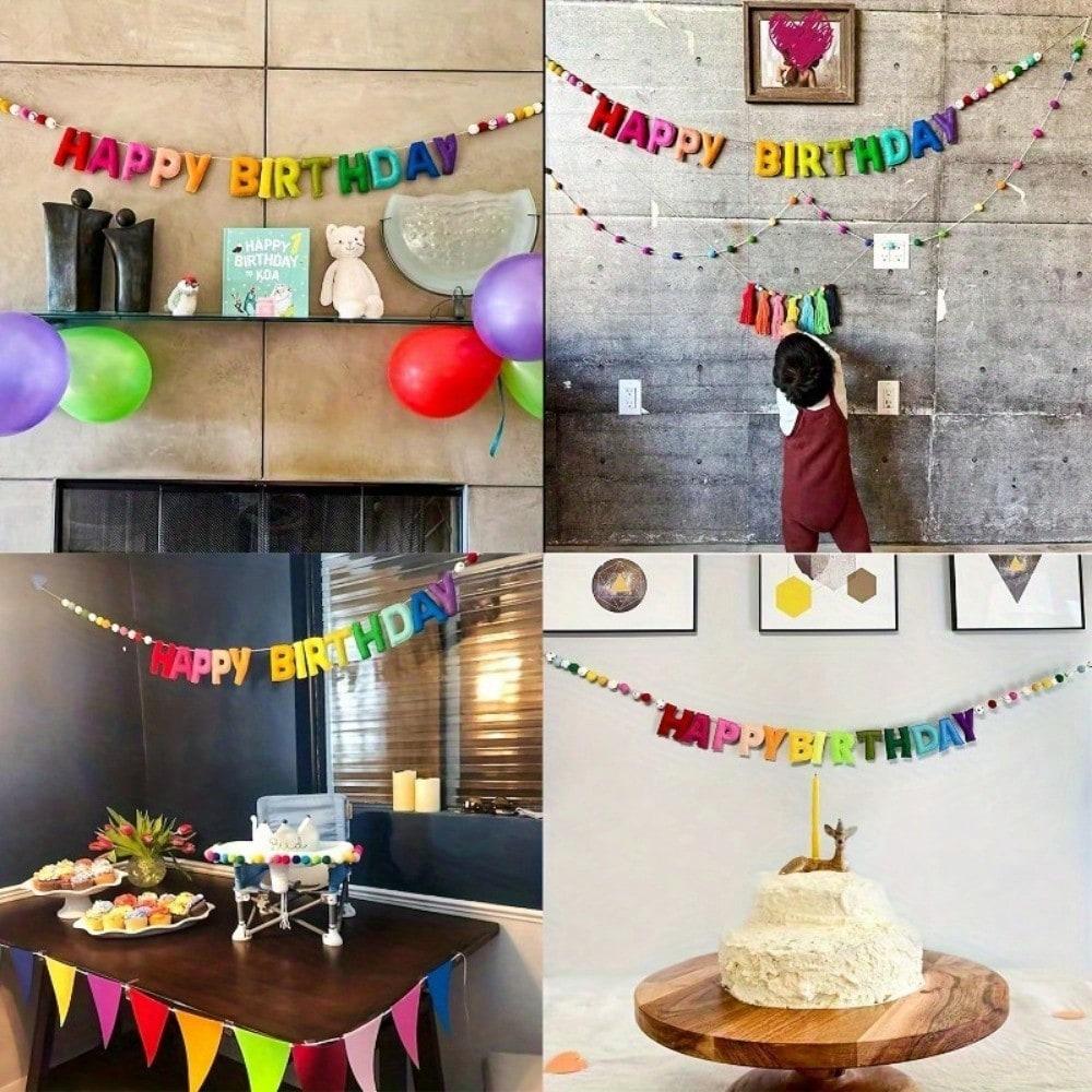 Colorful Pre-Strung Happy Birthday Banner Set with 28 Felt Pom Balls - Rainbow Fabric Garland, Perfect for Party Decor