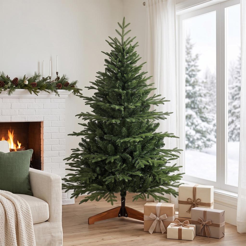 150cm Artificial Christmas Tree Full Hinged Xmas Tree Solid Pine Wood Stand, Green